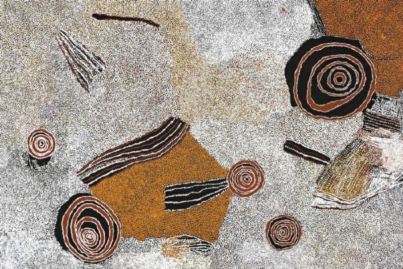 Rockholes and Country Near the Olgas 2007 by Bill Whiskey Tjapaltjarri, depicting rockholes, ancestral tracks and Country near Pirupa Akla and Kata Tjuta.