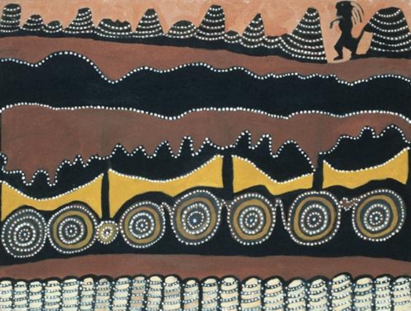 Koomoolariny – Yungoon Country, 1999 by Jack Britten, with a black ancestral figure walking among striped hills above layered ranges, concentric circles and rows of rounded forms.