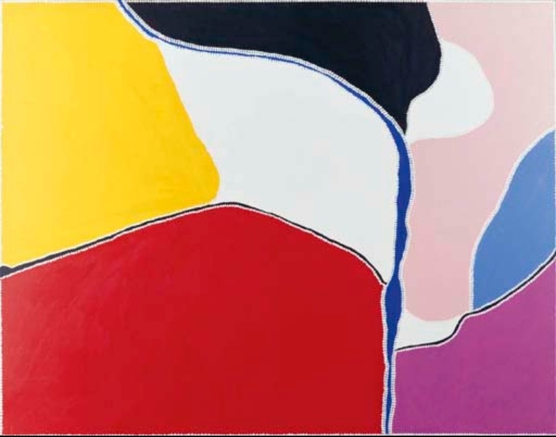 Freddie Timms Red Butt (Texas Station), 1997, large painting with vivid red, yellow, blue, pink, purple, black and white fields representing East Kimberley Country