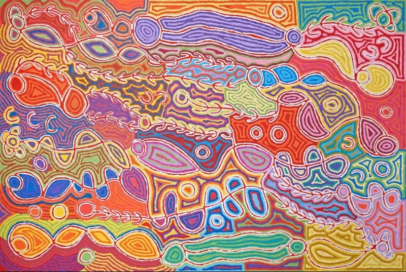 Aboriginal painting by Judy Napangardi Watson filled with densely interlocking elongated forms, circles, leaf-like motifs and flowing lines in vivid red, orange, pink, purple, blue, green and yellow.