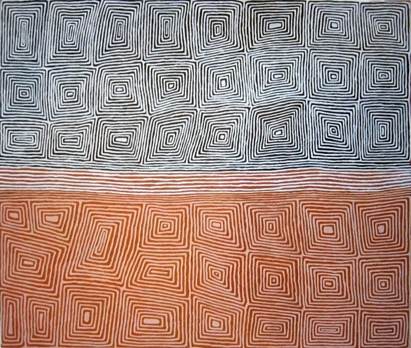 Ronnie Tjampitjinpa Untitled 1998 painting, with repeated rectangular concentric line motifs arranged across black, white and red ochre fields.