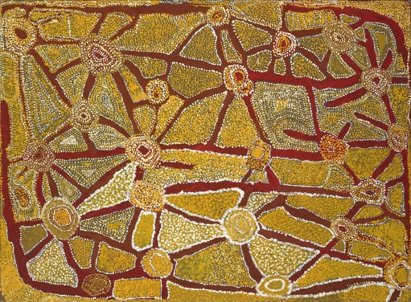 Wimmitji Tjapangarti's Untitled (Artist's Country), 1991, with branching red tracks connecting circular ceremonial sites through densely dotted yellow, ochre, white and green fields.