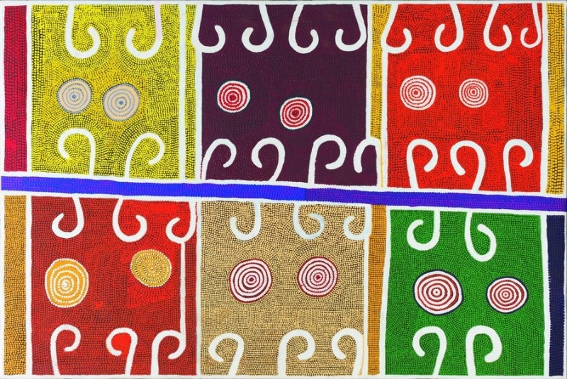 Boxer Milner’s Untitled (2002), with six brightly coloured rectangular fields containing concentric circles and repeated white hooked forms, divided by a horizontal blue band.
