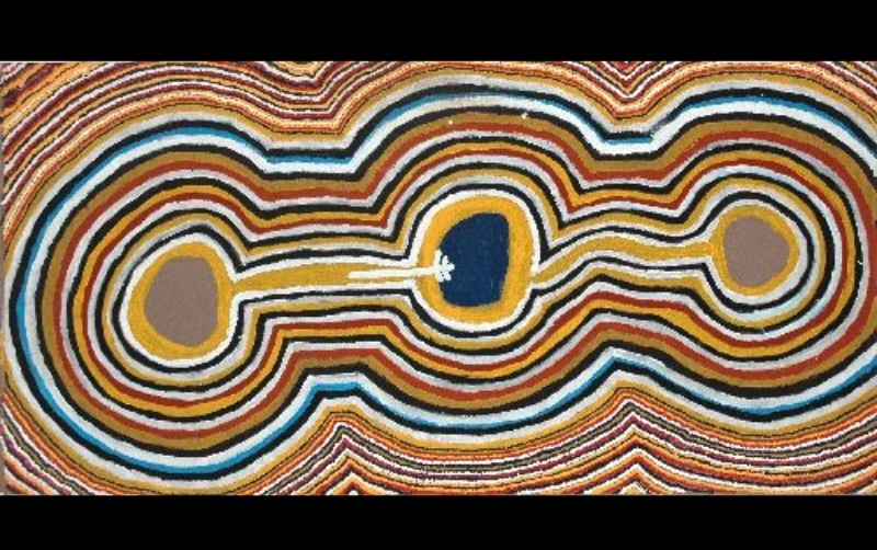 Sunfly Tjampitjin's Ceremonial Site, with three connected oval forms surrounded by repeated bands of ochre, red, black, blue and white.
