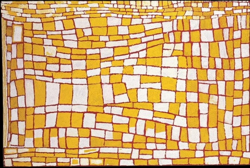 Tjumpo Tjapanangka Marruwa 2002, with irregular yellow and white rectangular forms separated by thin red lines across the canvas.