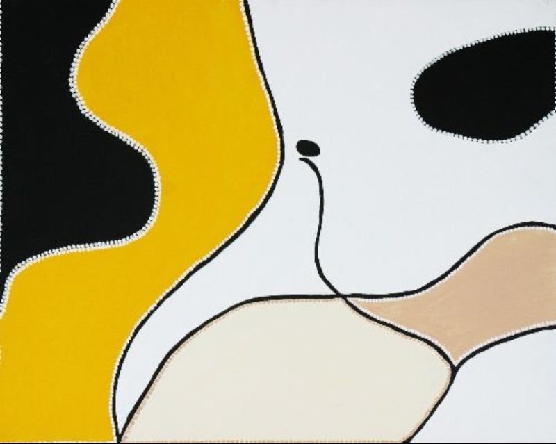 Freddie Timms Clunee, 1997, painting with yellow, black, white and pale cream fields divided by dotted boundaries and fine black lines