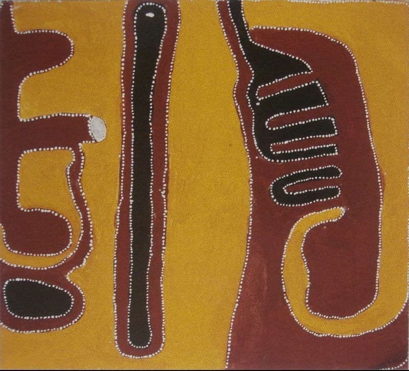 Abstract Aboriginal painting with a golden ochre background. A long narrow black vertical band runs down the centre, outlined with fine white dots. Large reddish-brown forms occupy the left and right sides, each containing black shapes and enclosed by white dotted outlines. The right-hand form includes a series of short horizontal black bars, while the left side contains stacked rounded shapes. The painting uses a limited palette of ochre, reddish brown, black and white.