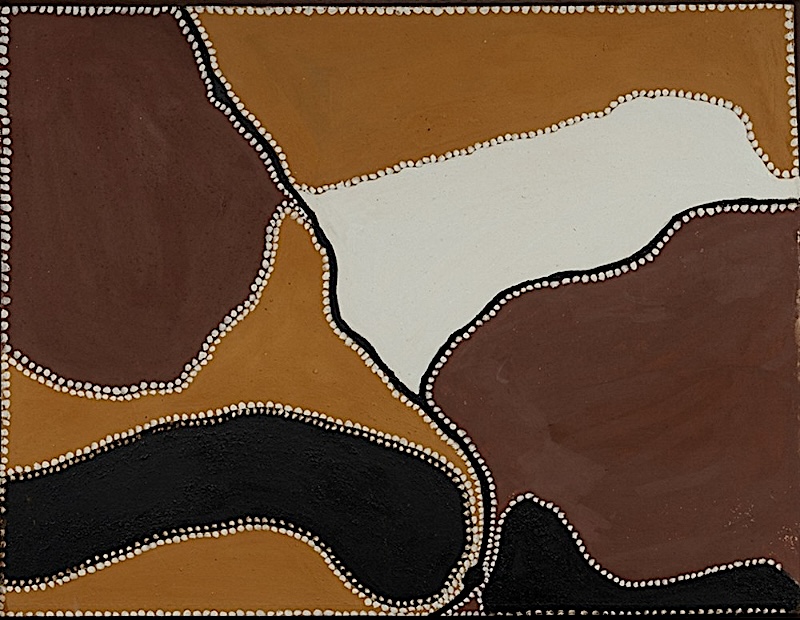 Freddie Timms Winnapah Springs, 1994, ochre painting with brown, golden ochre, white and black fields outlined by rows of white dots