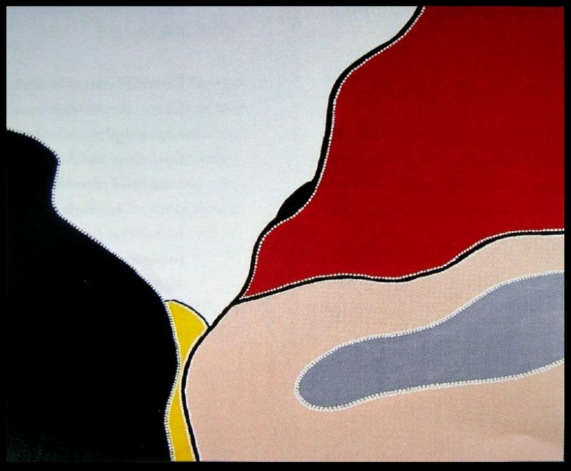 Freddie Timms Emu Creek, 1997, painting with red, black, white, pale pink, grey and yellow fields divided by fine dotted boundaries