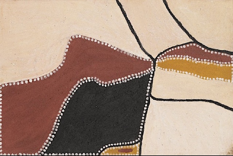 Freddie Timms Ngarrmalin Country, 1994, ochre painting with cream, red-brown, black and yellow fields connected by black lines and white dotted boundaries