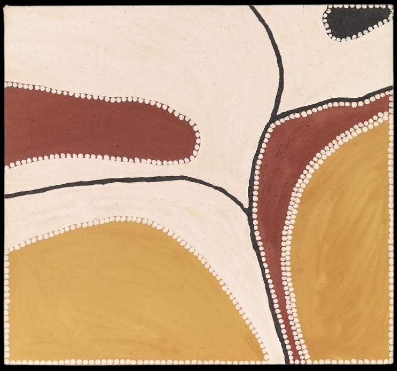 Freddie Timms Bowl Creek, 1995, ochre painting with cream, red-brown, golden yellow and black fields divided by tracks and white dotted boundaries