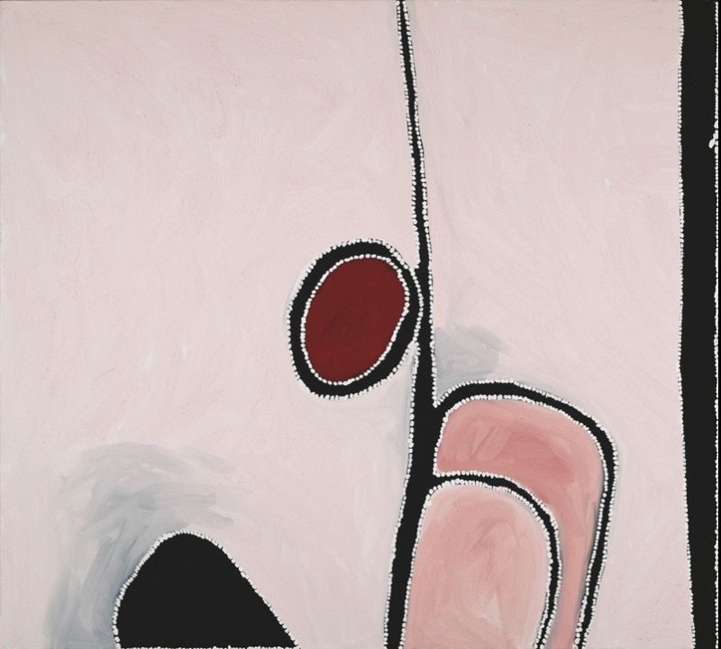 Abstract East Kimberley painting by Paddy Bedford with pale pink ochre fields, black linear forms, a red oval waterhole and softly modelled organic shapes outlined with white dots.