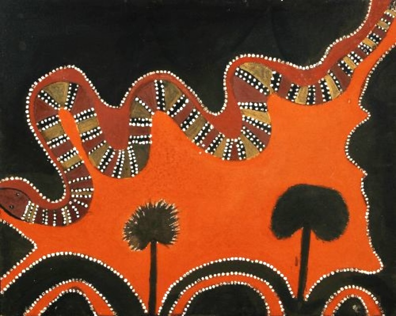 Jack Britten Turkey Creek Dreamtime 1988 earth pigment painting depicting the Gulabul snake and formation of Turkey Creek