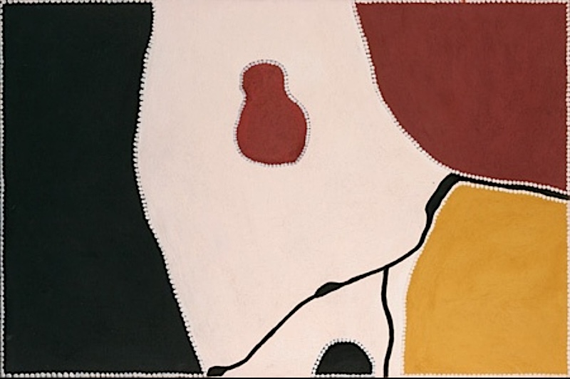 Freddie Timms Scrub Creek (Bow River), 1996, ochre painting with broad black, white, red and yellow fields divided by dotted boundaries and black tracks