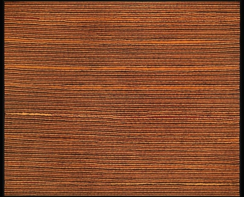 Turkey Tolson Tjupurrula Straightening Spears 1998 Aboriginal painting with finely painted horizontal dotted bands representing ceremonial spear making traditions.