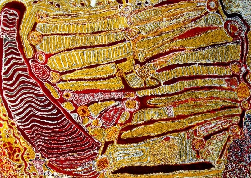 Wimmitji Tjapangarti's Artist's Father's Country, with long parallel red and ochre pathways, circular sites and dense white and yellow dotting across the composition.