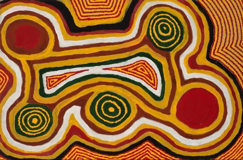 Sunfly Tjampitjin's Artist's Country (Purnanuul), with circular sites connected by broad pathways and surrounded by geometric bands of yellow, red, green, white and black.