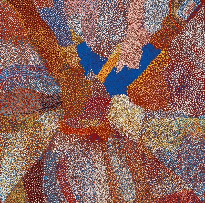 Country Near the Olgas 2006 by Bill Whiskey Tjapaltjarri, a richly dotted Western Desert painting of his ancestral Country near Kata Tjuta.
