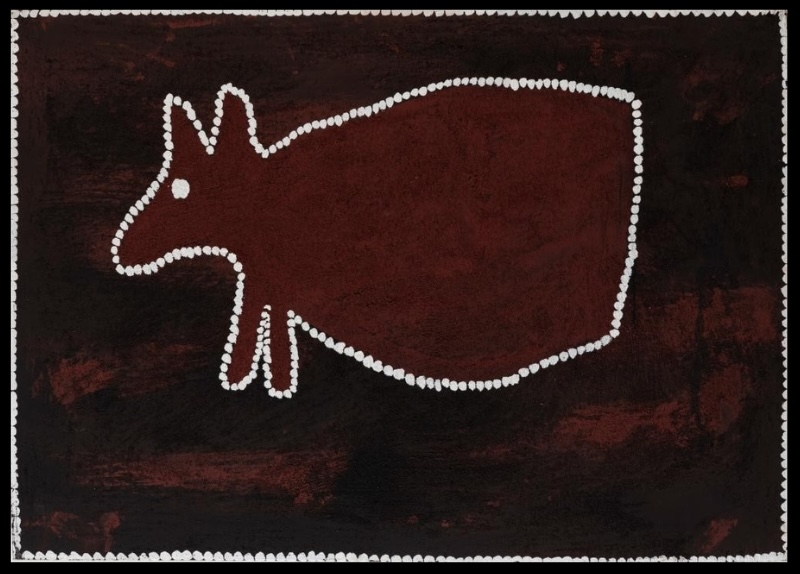 Freddie Timms Kurrirr Kurrirr, c. 2006 – painted dance-board image of an animal outlined in white dots on a dark ochre ground<br />
