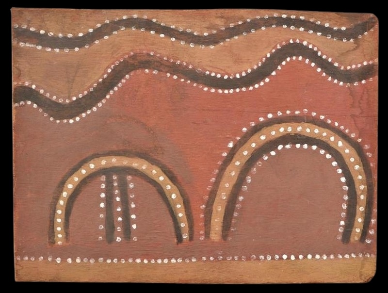 Rover Thomas ochre painting with two rounded arch-like forms below two horizontal wavy black bands, all marked with white dots on a red-brown ground.