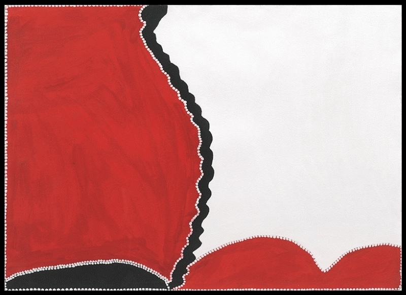 Freddie Timms Untitled, 1996, painting on paper with large red, white and black fields divided by dotted and scalloped boundaries