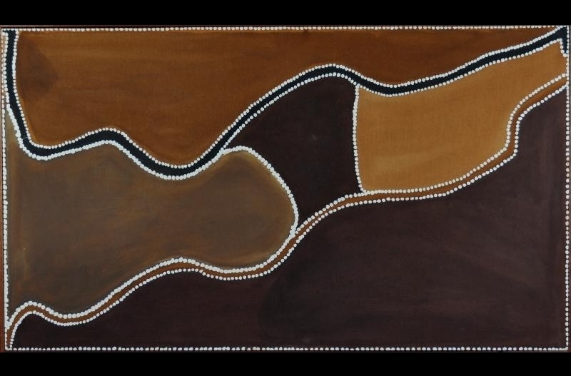 Rover Thomas Bungguldgee Creek painting with flowing brown, black and yellow ochre shapes divided by white dotted lines.