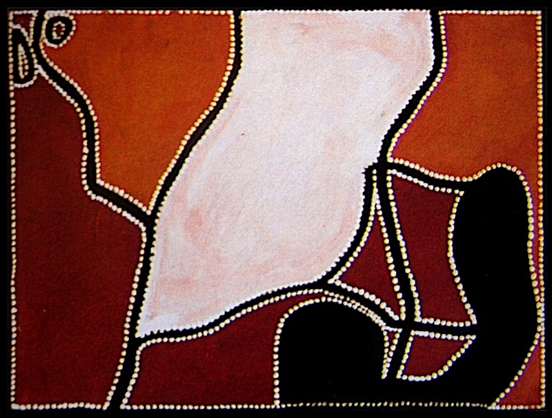 Freddie Timms Bulunyin Country, 1989, early ochre painting with red, white and black fields divided by curving lines of white dots