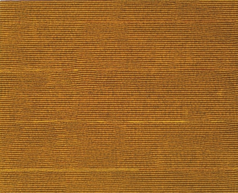 Turkey Tolson Tjupurrula Straightening the Spears at Illingaugau, 1996. Aboriginal painting formed from hundreds of finely painted horizontal ochre, yellow and brown lines creating a subtle shimmering abstract surface.