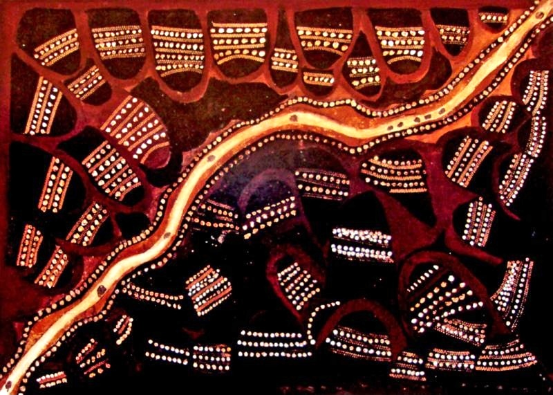 Jack Britten Untitled Ord River Country 1990 earth pigment painting depicting the Ord River and surrounding East Kimberley ranges