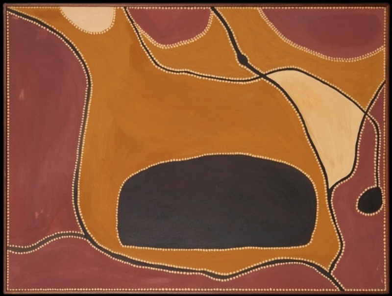 Freddie Timms Untitled, c. 1991, ochre painting with broad yellow, red, black and cream fields divided by dotted boundaries and black lines