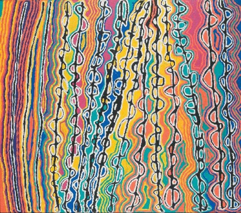 Judy Watson Napangardi painting Mina Mina, 2005, with dense vertical bands of flowing multicoloured lines and repeated U-shaped and oval forms in pink, yellow, blue, green, orange, black and white.