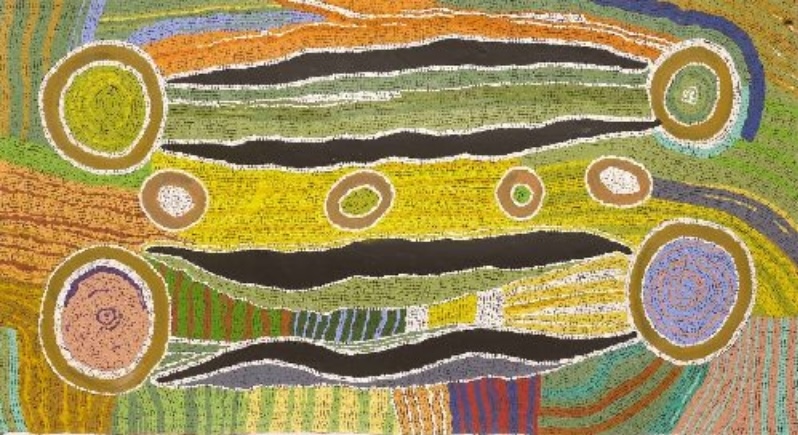 Maggie Watson Napangardi painting with long black, white and green digging-stick forms connecting large circular motifs, surrounded by fields of yellow, orange, green, blue and ochre patterning.