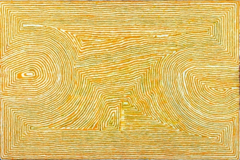 Tjumpo Tjapanangka Wati Kutjarra 2003, with dense yellow ochre parallel lines forming two large circular fields and angular geometric forms on a white ground.