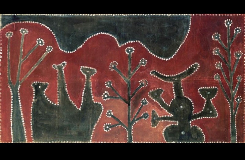 Untitled (Men’s Ceremonial Ground, Springvale) by Paddy Jaminji, 1984, an early Warmun painting in natural earth pigments on canvas.