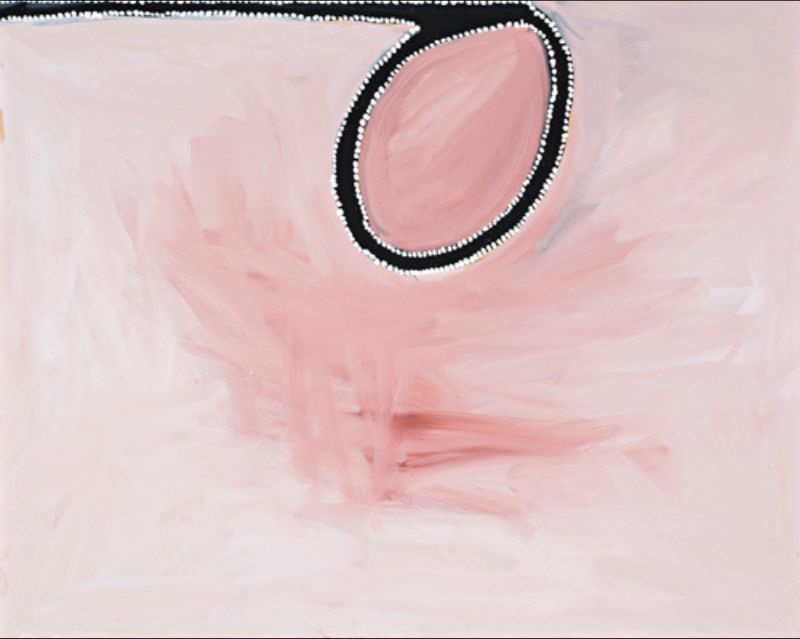 Abstract Aboriginal painting by Paddy Bedford featuring a luminous field of soft white and pink earth pigments with a single oval waterhole outlined in black and white dots.