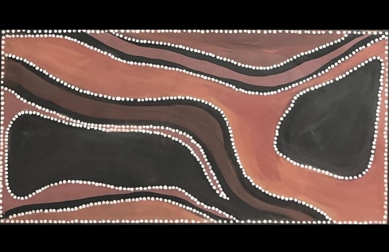 Rover Thomas ochre painting with broad winding black and brown bands edged in white dots, surrounding a dark oval form on a red ochre ground.