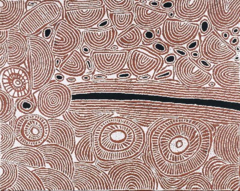 Ochre, black and white Aboriginal painting by Ningura Napurrula densely filled with curved parallel lines and rounded forms. A long irregular black band crosses the centre horizontally, with several large concentric circular motifs below it and clusters of smaller black oval shapes among tightly packed arcs above.