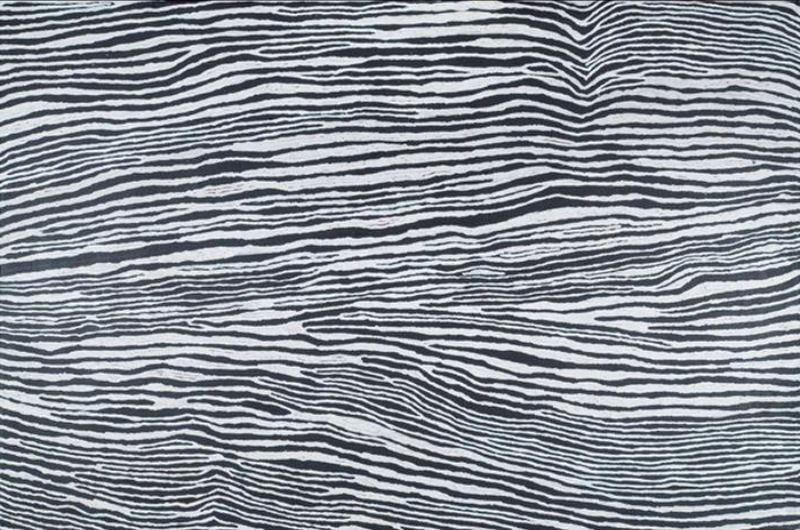 Judy Watson Napangardi painting Dreaming at Mina Mina, 2006, composed of dense black and white parallel lines that ripple, bend and converge across the canvas.