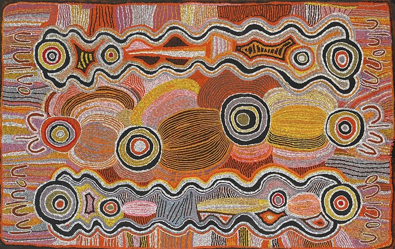 Maggie Watson Napangardi painting with long undulating black, white and ochre bands surrounding concentric circles, set among densely patterned fields of red, pink, yellow, orange and grey dots.