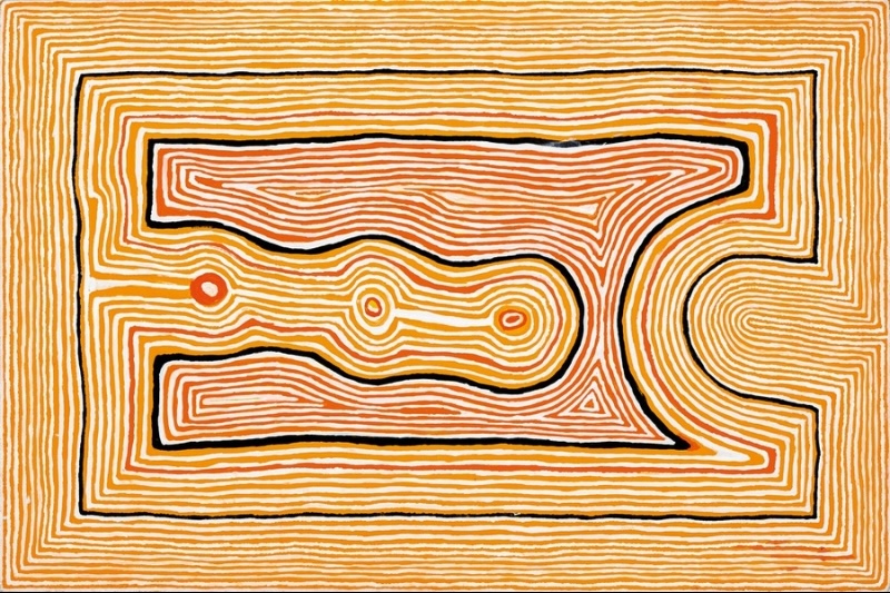 Tjumpo Tjapanangka Untitled 2002, with fine parallel orange and white lines flowing around elongated central forms outlined in black.