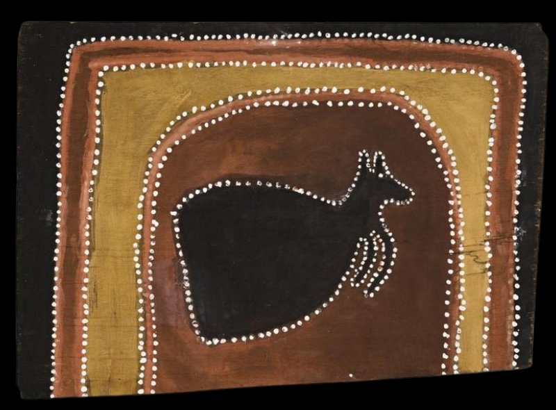 Elgee Cliff, Half Kangaroo – Krilkril Country by Paddy Jaminji, 1985, an ochre painting depicting the ancestral half-kangaroo Tawurr at Elgee Cliffs.