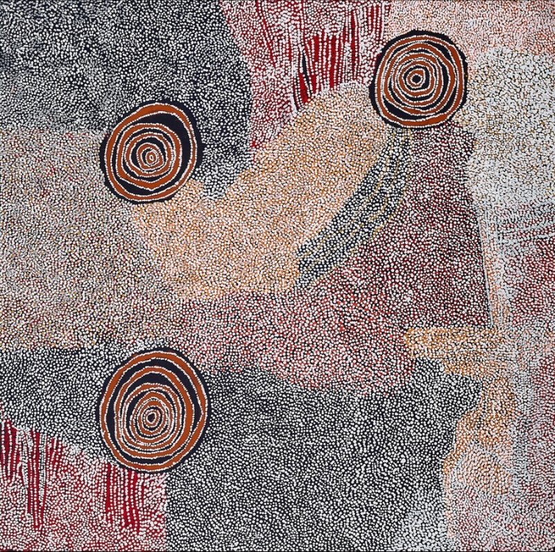 Rockholes Near the Olgas 2008 by Bill Whiskey Tjapaltjarri, with three concentric rockholes floating within densely dotted desert Country