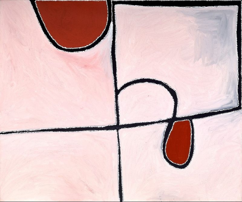Abstract East Kimberley painting by Paddy Bedford depicting Jinanggany (Cattle Creek) with pale pink ochre washes, black pathways and red ochre landforms outlined with white dots.