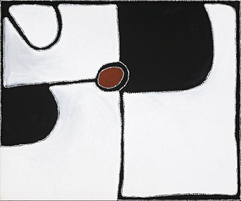 Abstract Aboriginal painting on a pale cream background divided by bold black forms into large geometric sections. A large black block occupies the upper right, another black shape fills part of the lower left, and broad white areas dominate the composition. A small reddish-brown oval outlined in black sits near the centre where the forms intersect. Fine white dots trace every major shape and the outer border, creating a balanced minimalist composition.