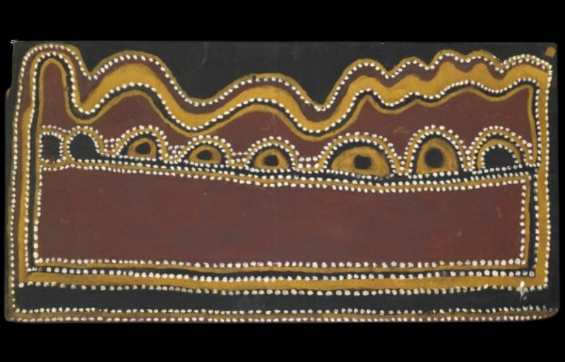 Kananganja – Mt King, Bedford Downs by Paddy Jaminji, c. 1985, an East Kimberley painting in natural earth pigments on plywood.