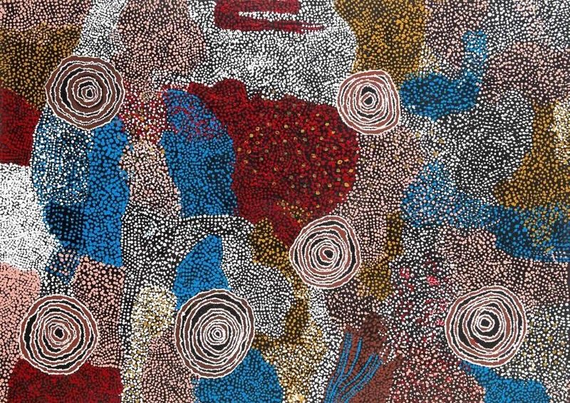 Rockholes Near Olgas 2006 by Bill Whiskey Tjapaltjarri, showing concentric rockholes surrounded by densely dotted ancestral Country near Kata Tjuta.