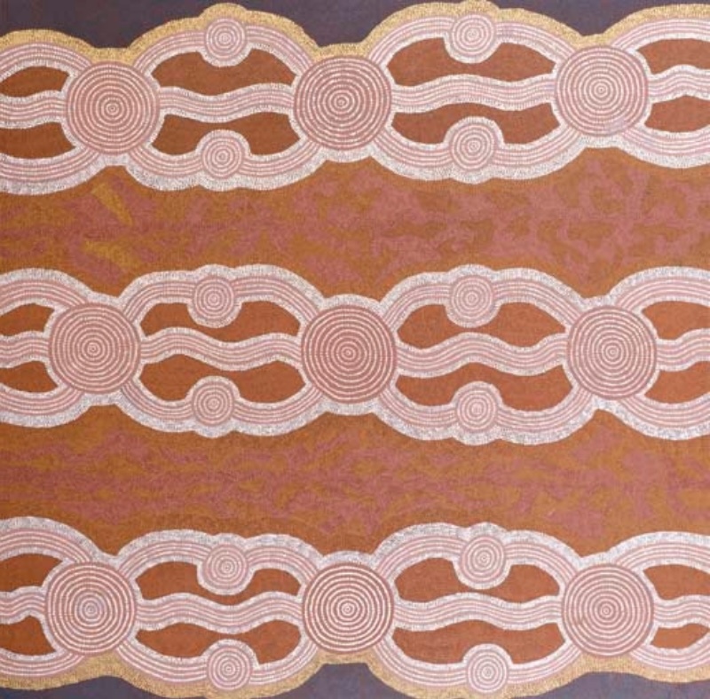 Turkey Tolson Tjupurrula Two Women Travelling at Putja, 1986. Aboriginal painting with three horizontal bands of linked concentric circles connected by parallel lines on a pink, ochre and brown dotted background