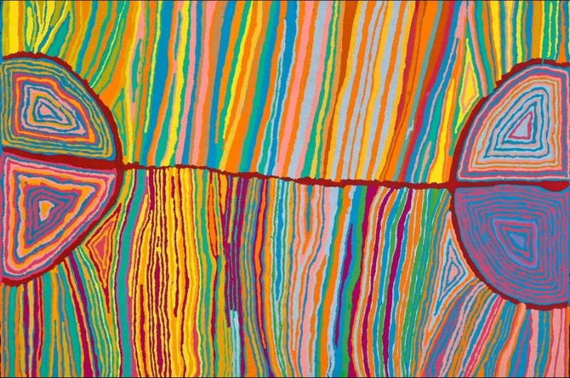 Aboriginal painting by Judy Napangardi Watson with dense vertical bands of yellow, orange, turquoise, pink, blue and green crossed by a thin horizontal line connecting two large semicircular forms at either side.