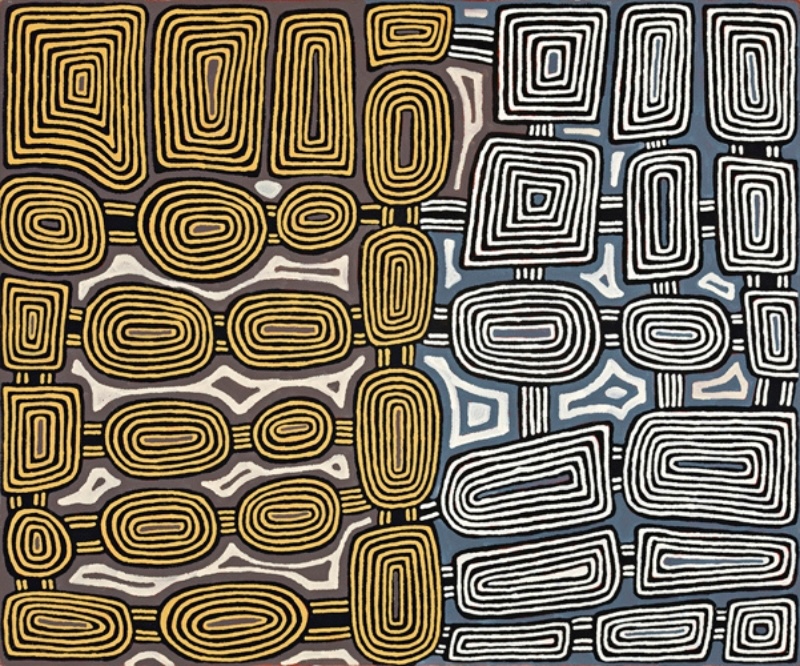 Ronnie Tjampitjinpa’s Tingari Ceremonies at the Waterhole Site of Pinari (1997), featuring dense networks of nested rectangular and oval forms in yellow, white and black, linked by short parallel lines across contrasting grey and blue fields.