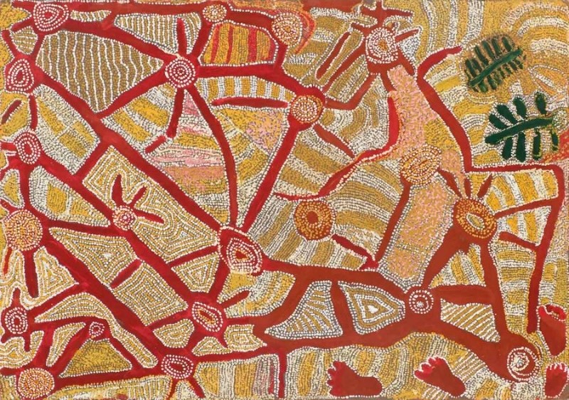 Wimmitji Tjapangarti's Nyinmi, showing red ancestral pathways linking circular sites through dense fields of white, yellow and pink dotting, with green and red ancestral forms.